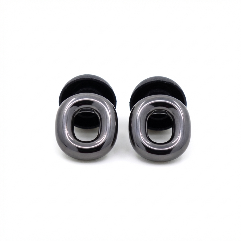 The Oval earplugs in Smoked Chrome, side view